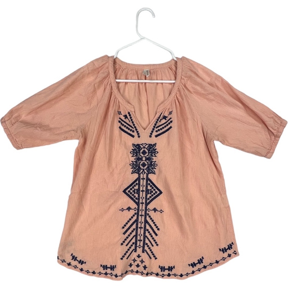 Roper Western Boho Peach Coral Navy Blue Embroidered Peasant Tunic Crinkle Top